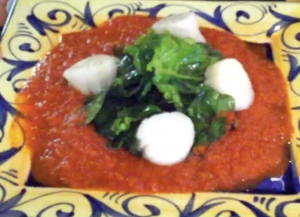 Poached Scallops With Roasted Red Pepper Sauce & Spicy Spich Salad